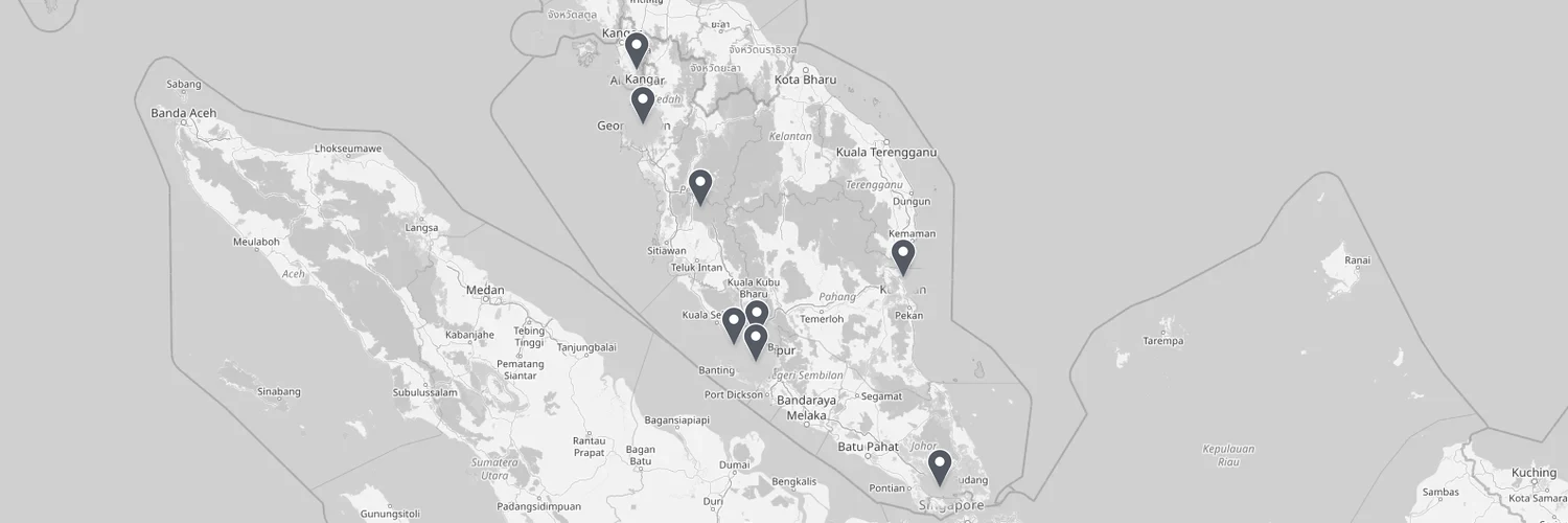 Map of Peninsular Malaysia marking Averis in Kedah, Penang, Perak, Selangor, Kuala Lumpur, Putrajaya, Pahang and Johor